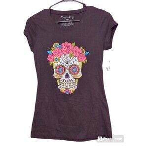 Sugar Skull Black  T-Shirt with Short Sleeves Women's Juniors Sm 3-5